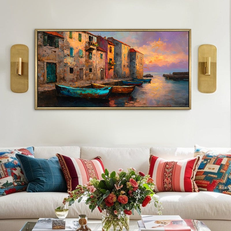 Painted Harbor Canvas Wall Painting With Frame