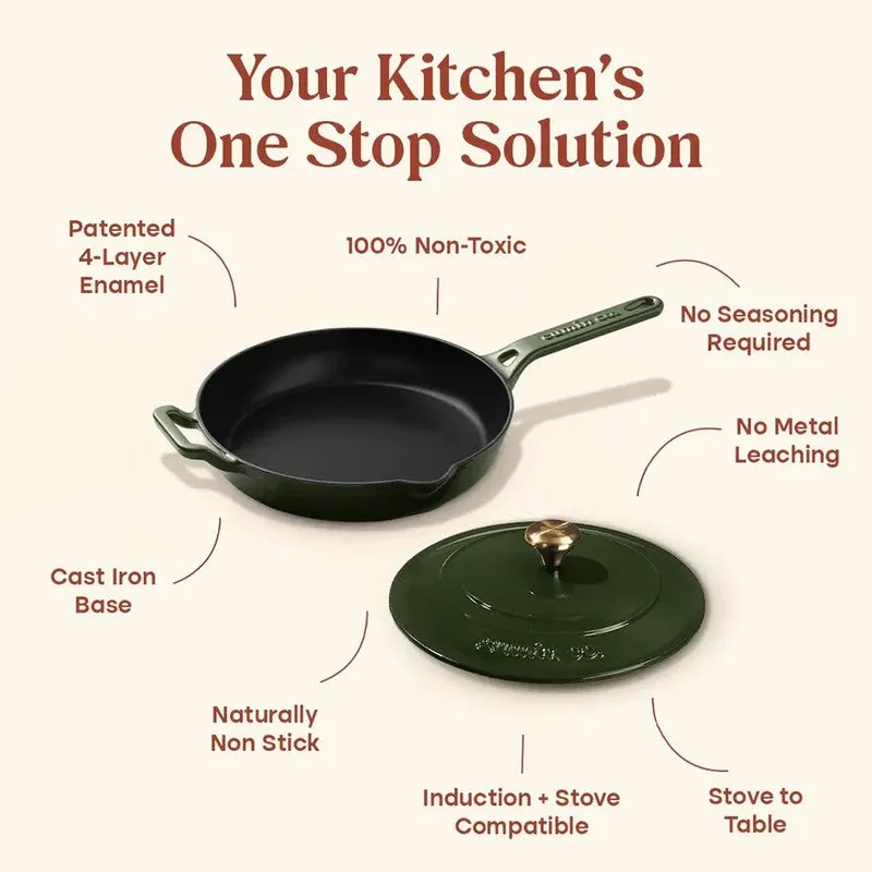 Open green frying pan and lid shown with product feature callouts