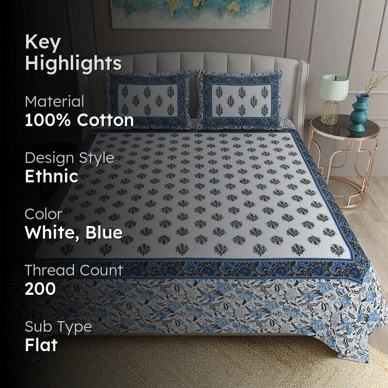 Bhasma Floral Cotton Bedsheet (Blue,White) - 200 TC media 2