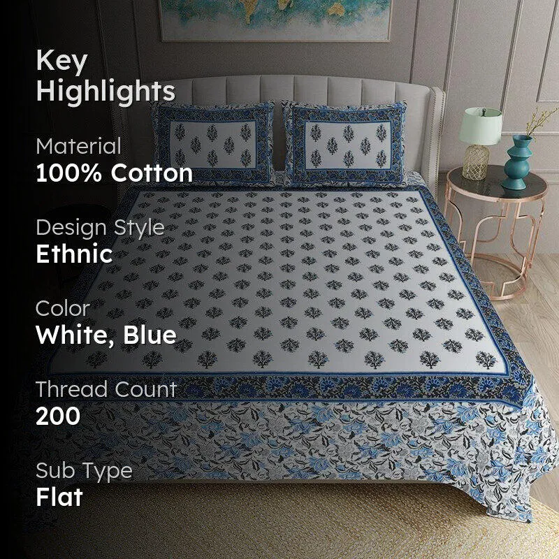 Bhasma Floral Cotton Bedsheet (Blue,White) - 200 TC media 2