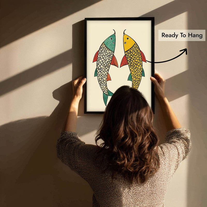 Twin Fish Folk Art Canvas Wall Painting With Black Frame media 11