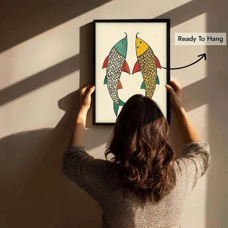 Twin Fish Folk Art Canvas Wall Painting With Black Frame media 11