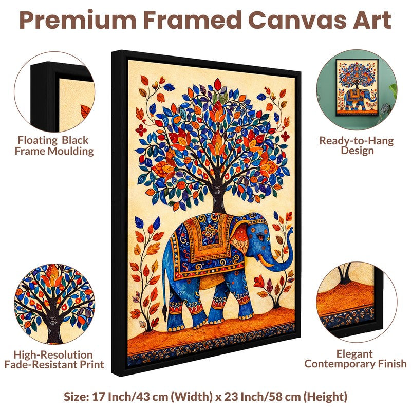 Madhubani Elephant Canvas Wall Painting With Frame media 5