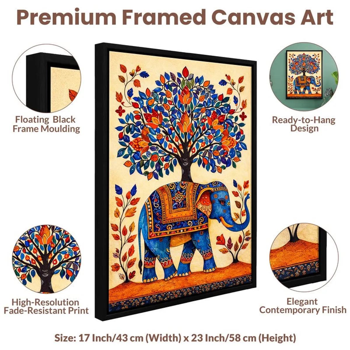 Promotional layout showing the framed elephant canvas painting with close-up detail circles.