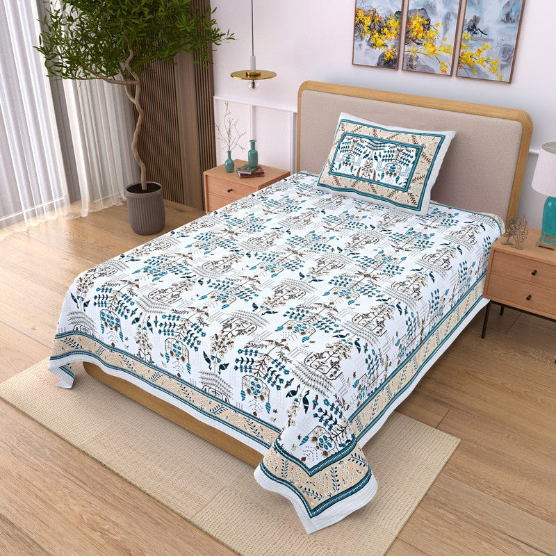Serenza Floral Cotton Bedsheet (Blue & White) - 240 TC media 3