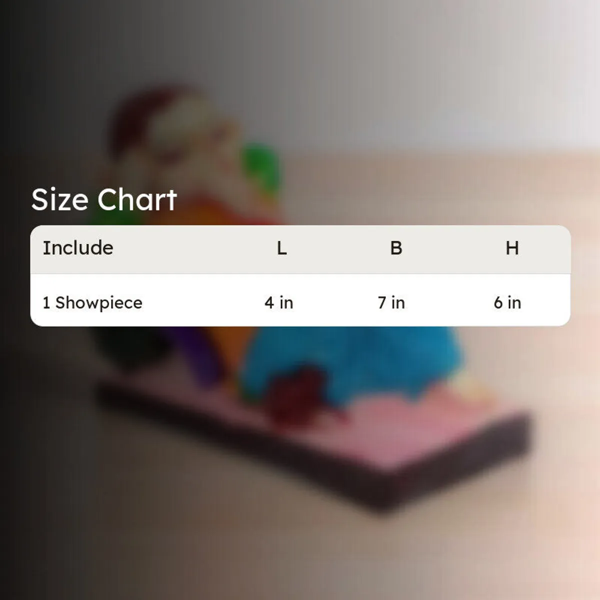 Blurred product background with a size chart card overlay