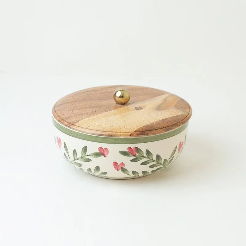 Spring Little Leafy Joy Ceramic Bowl with Mango Wood Lid - 750 mL media 3