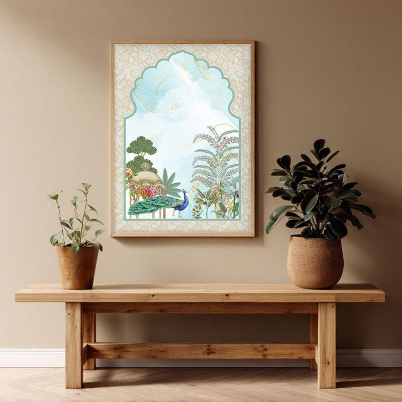 Imperial Garden Framed Jharokha Canvas Archival Canvas Wall Painting - Natural Brown Frame