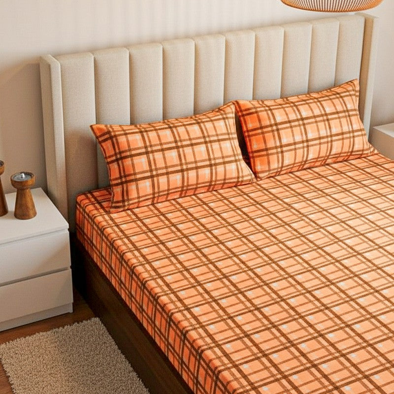 Sanja Checkered Cotton Bedsheet (Orange) - 144 TC media 3