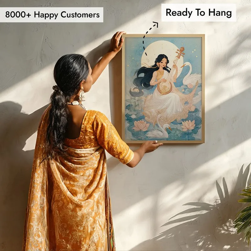 Goddess Saraswati Playing Bina Blissful Archival Paper Wall Art - Natural Brown Frame media 7