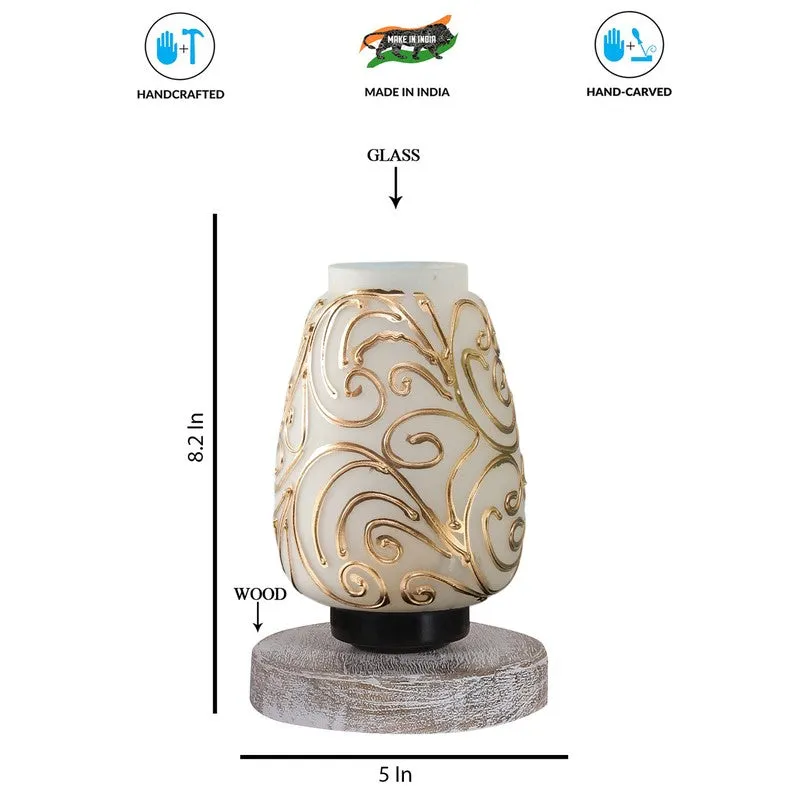 Lumavia Glass Table Lamp With Wooden Base - White & Gold media 8