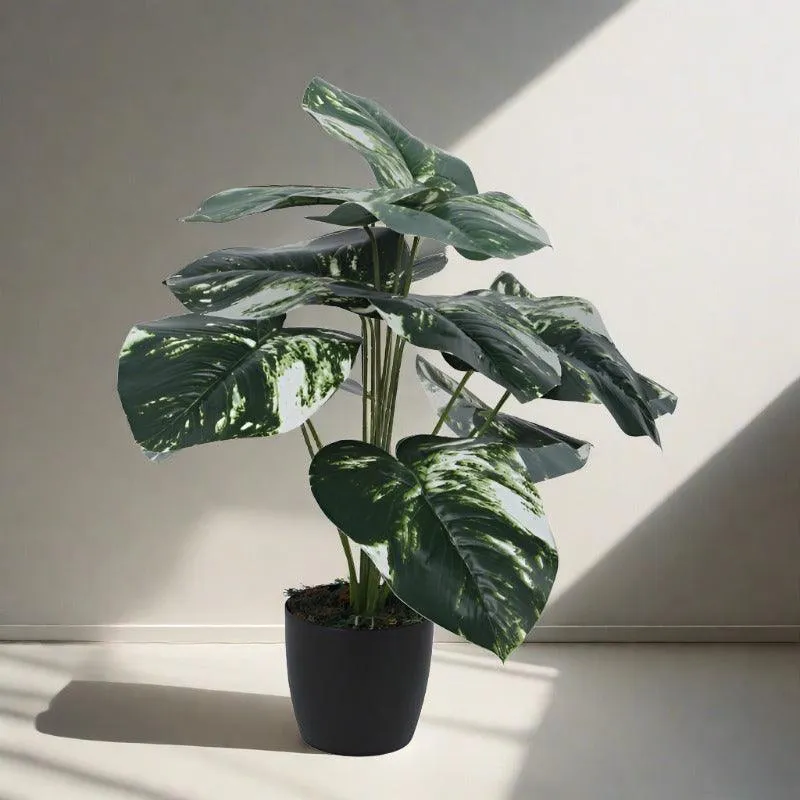 Faux White Patch Monstera Silk Plant With Black Plastic Pot - 55 cms media 2