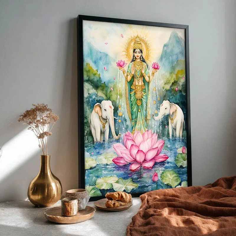 Divine Gaja Lakshmi Spiritual Archival Paper Wall Painting With Frame - Black media 4