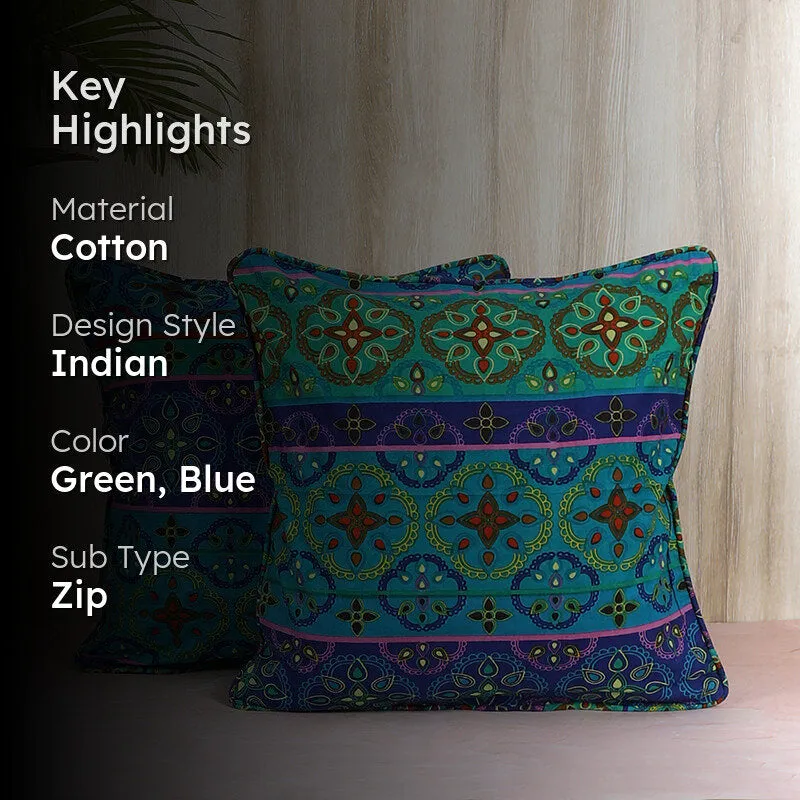 Swayam Riwaaz Printed Cushion Cover (Green,Blue) - Set of Two media 2