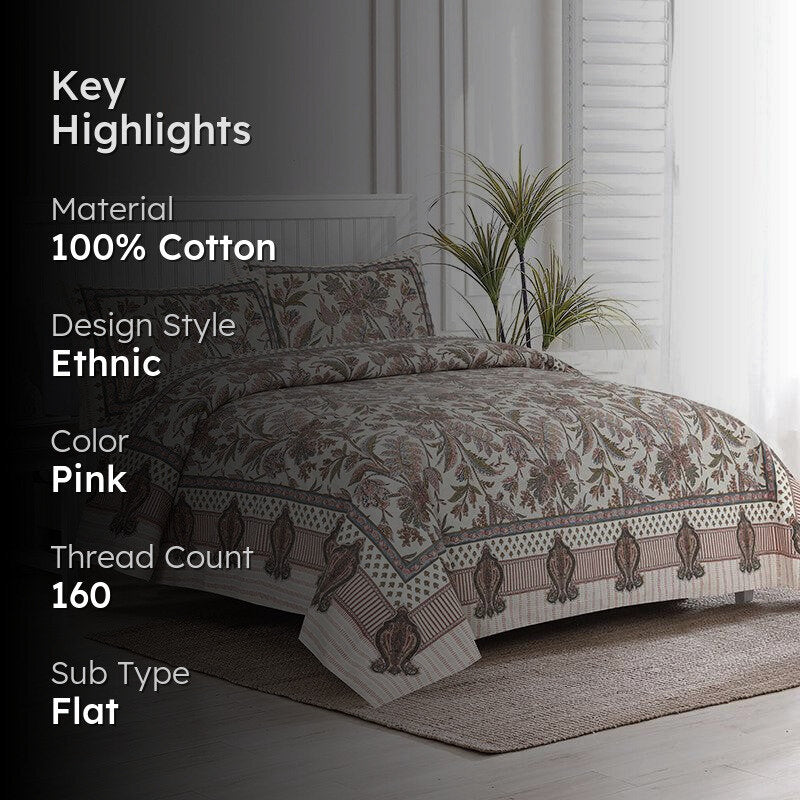 Mohitaa Printed Cotton Bedsheet (Pink) - 160 TC media 2