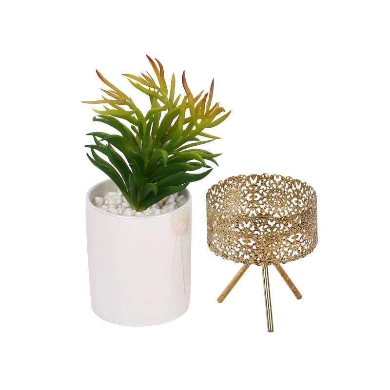 Faux Red Senecio In Ceramic Pot With Tripod - 24.5 cms media 3