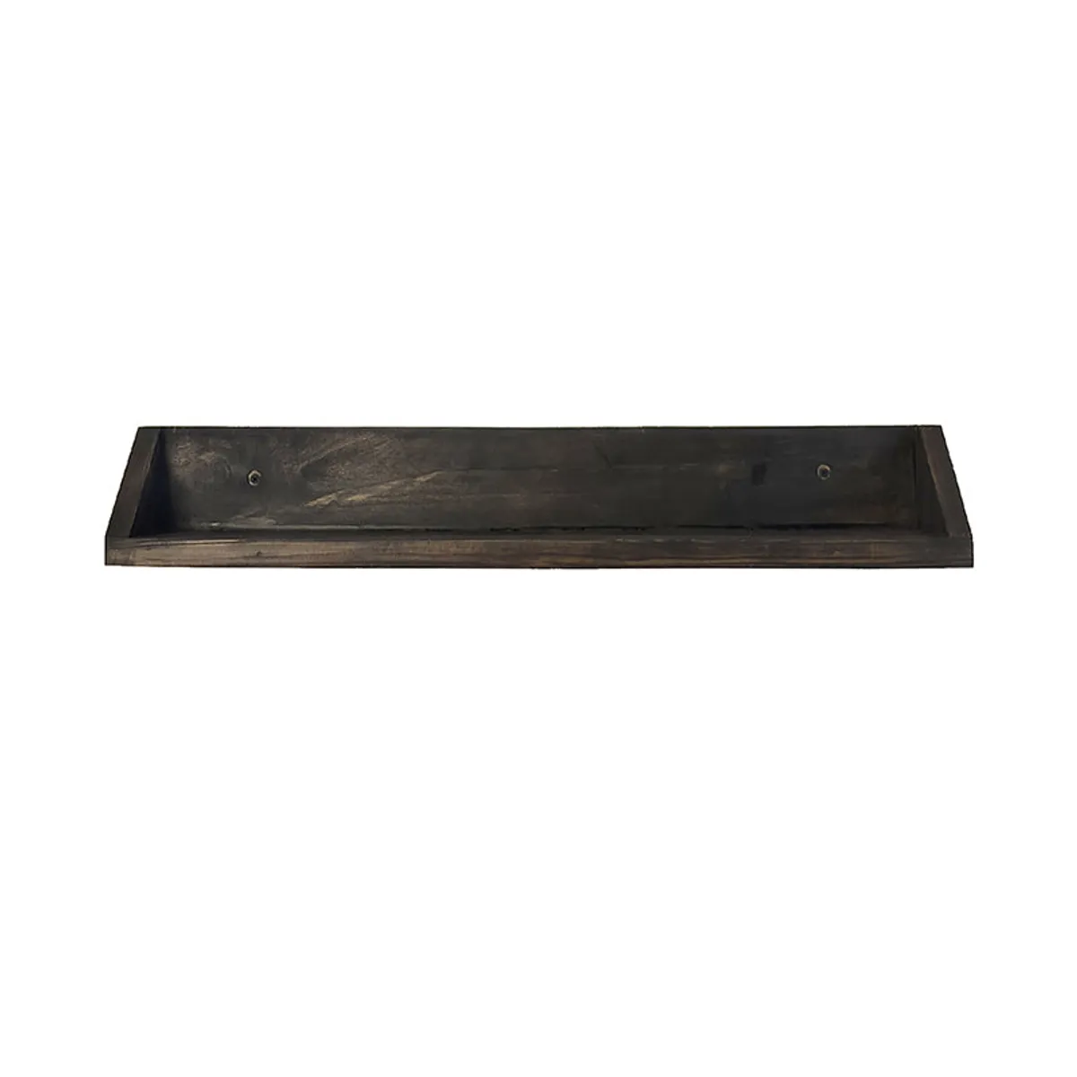 Front view of an empty long brown wooden wall shelf against a white background.