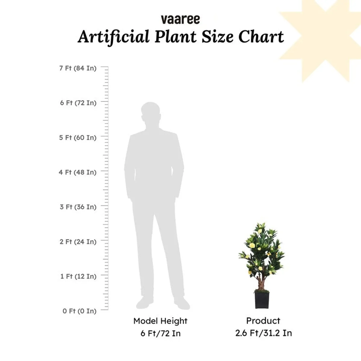 Artificial plant size comparison showing the plant at approximately 2.6 feet tall.