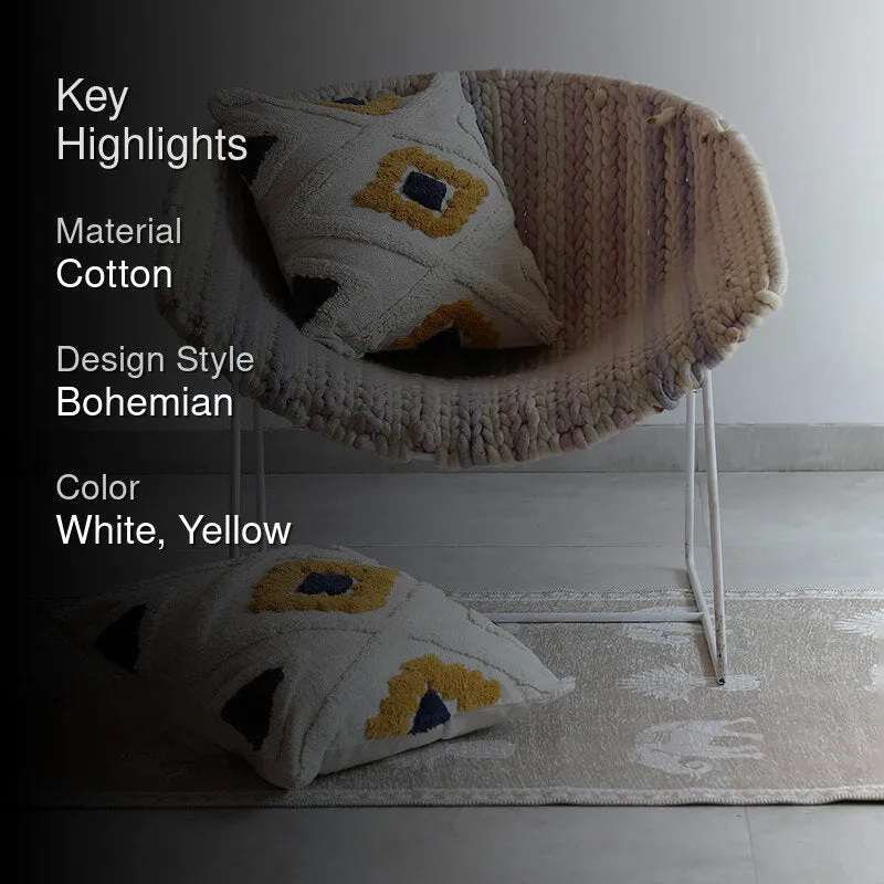 India Circus Terra Spades Tufted Cotton Cushion Cover (White & Yellow) - Set Of Two media 2