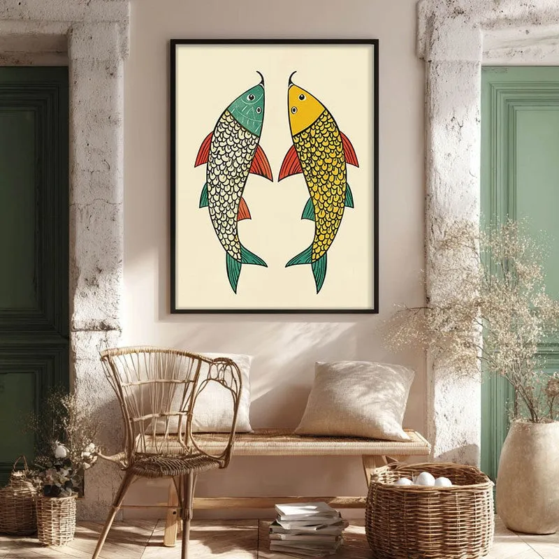 Twin Fish Folk Art Canvas Wall Painting With Black Frame media 8