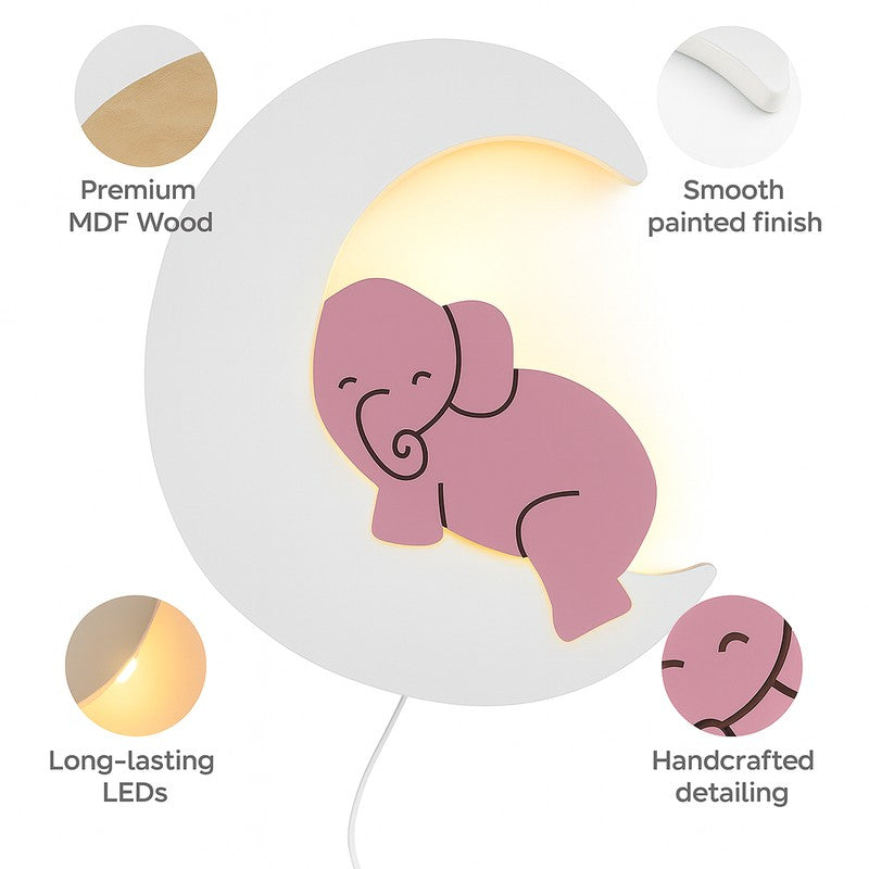 Moon Hug Elephant Battery Operated MDF Wall Lamp - Pink media 5