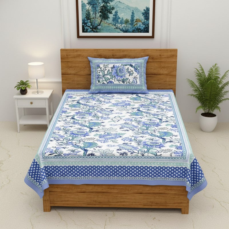 Weavora Ethnic Cotton Bedsheet (Blue & White) - 240 TC