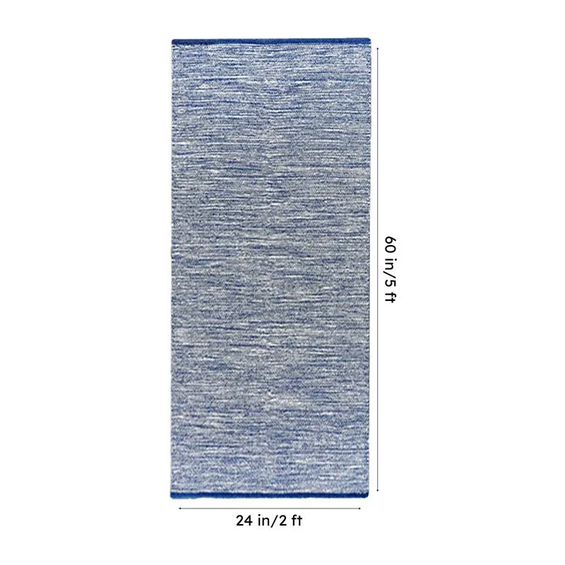 Blue rectangular runner rug shown vertically with dimension markers