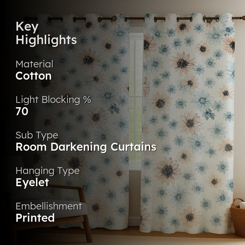 FloriBelle Cotton Curtains (peach, Blue) - Set Of Two media 2
