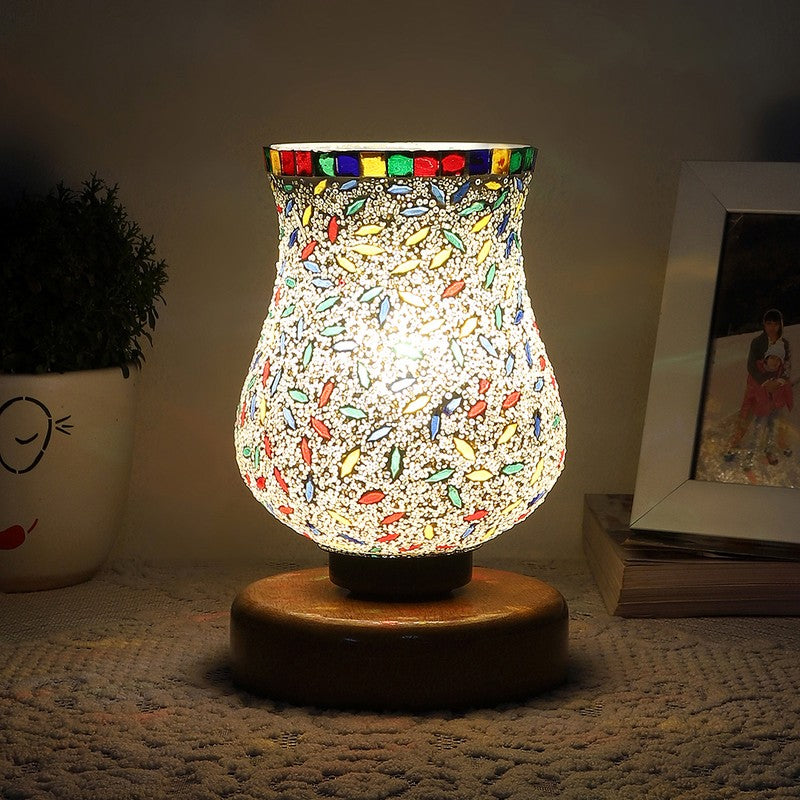 Glow Mosaic Glass Table Lamp With Wooden Base - Multicolor