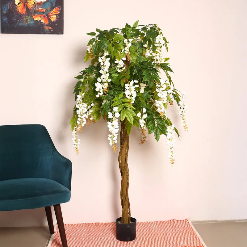 Verdiq Artificial Flowering Plant With Black Plastic Pot (Green & White) - 6 Feet media 3