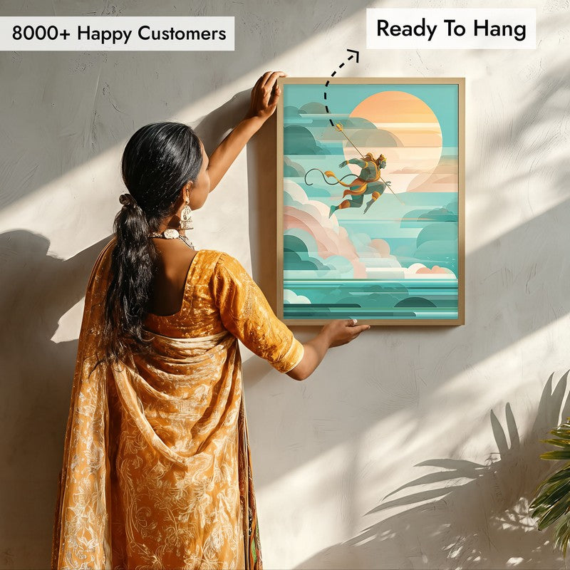 Powerful Hanuman Ji Flying Scene Archival Paper Wall Art - Natural Brown Frame media 7