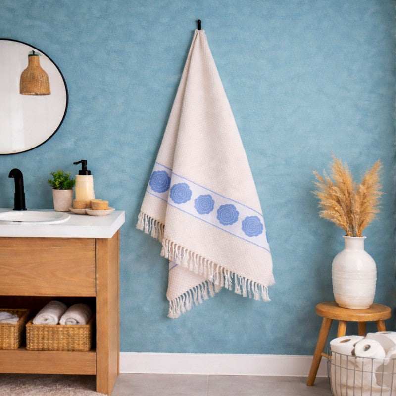 Rosette Cotton Bath Towel (Blue & White) - Set Of Two media 3