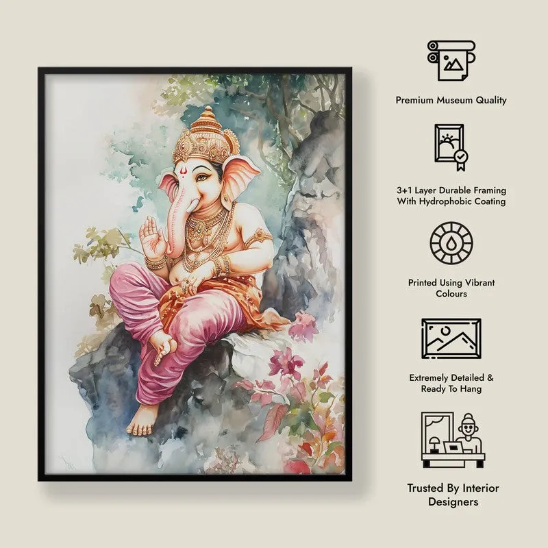 Vighnaharta's Blessing Spiritual Archival Paper Wall Painting With Frame - Black media 9