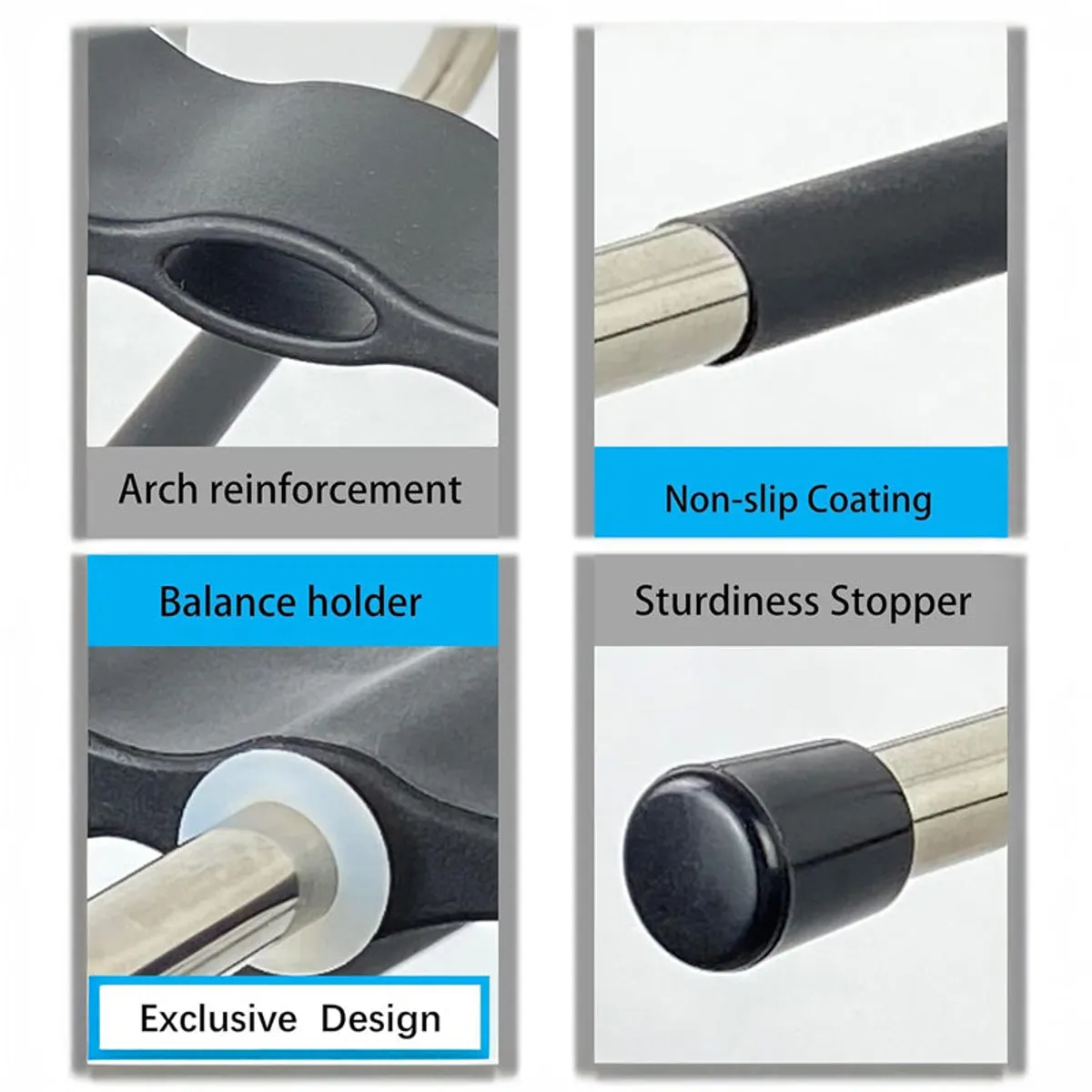 Close-up collage of black grip and rod end details on the metallic hanger
