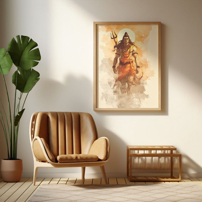 Lord Shiva Tranquility Archival Paper Wall Painting With Brown Frame