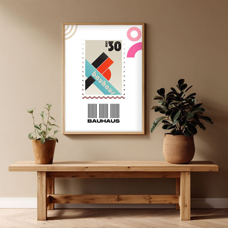 Postal Stamp Archival Canvas Wall Art - Natural Brown Frame