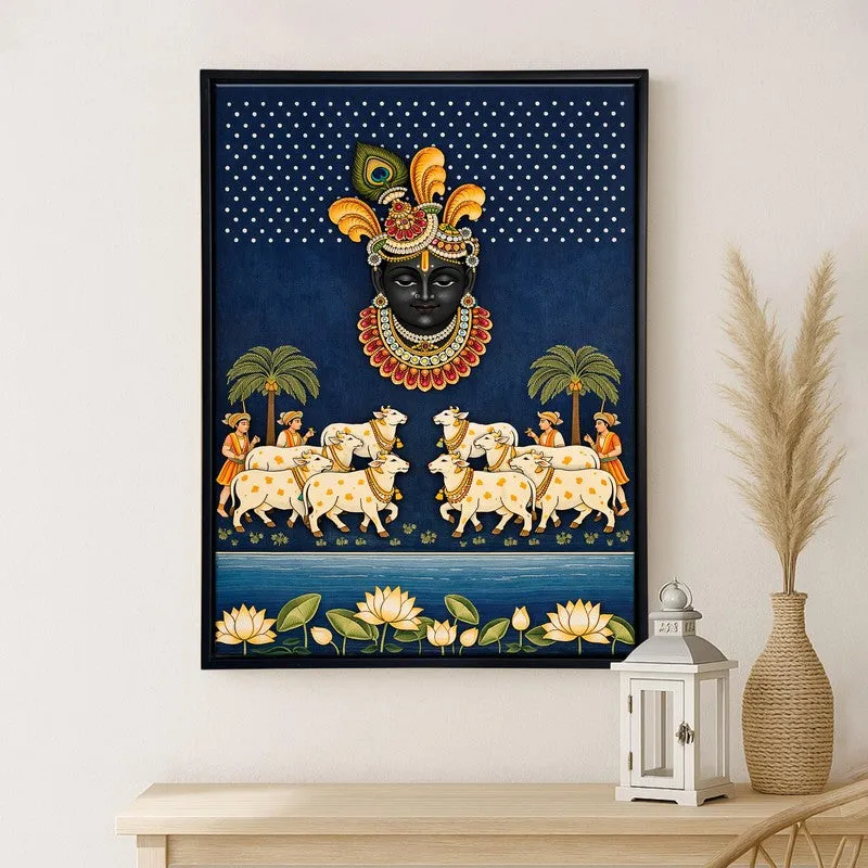 Krishna Gwalas Cow Canvas Wall Painting With Frame media 3