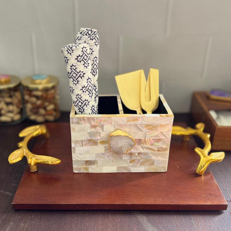 Suzzaine Handcrafted Mother Of Pearl & Agate Cutlery Holder - White & Beige media 4