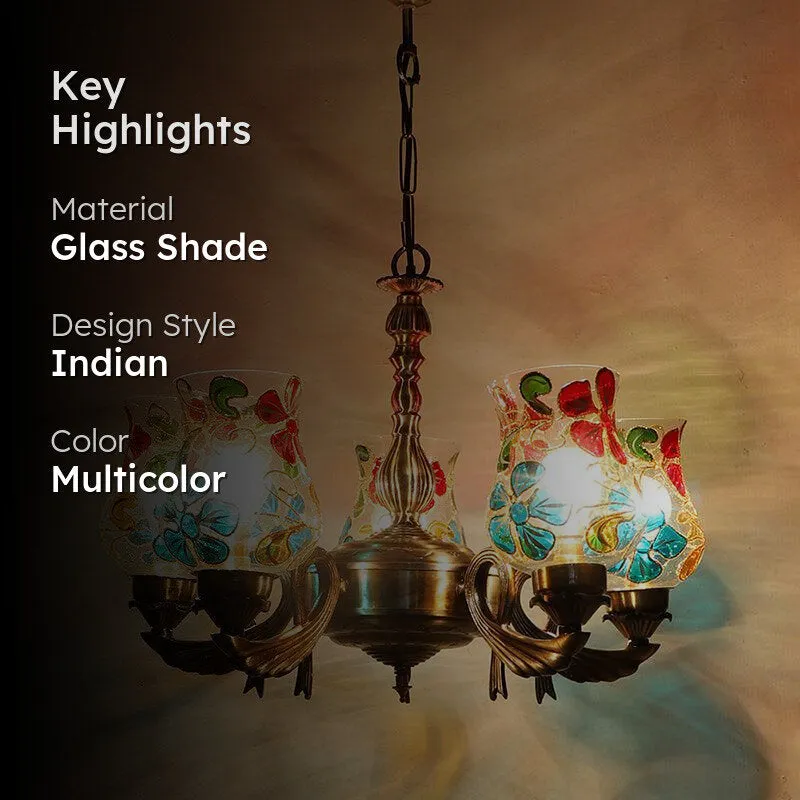 Lit multicolour glass shade ceiling lamp with antique gold finish