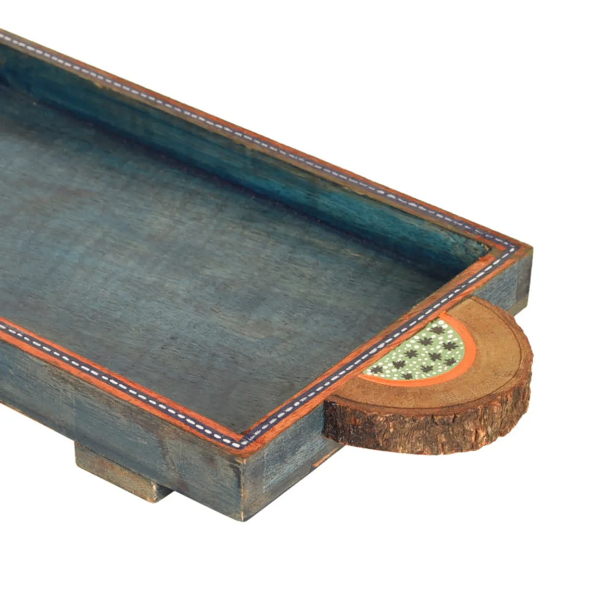 Close-up of a distressed blue rectangular serving tray with decorative round handles