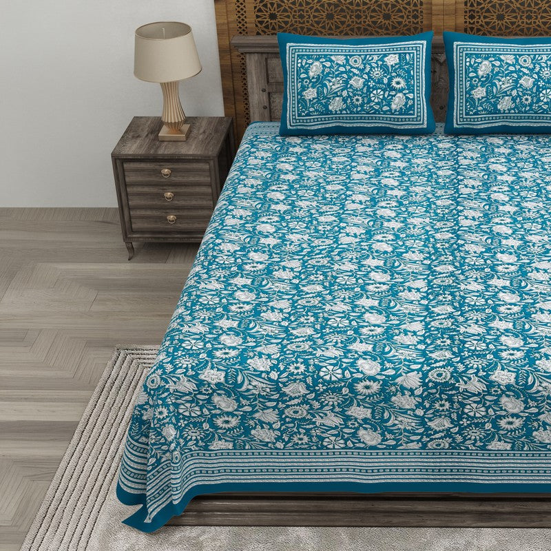 Blossomar Cotton Bedsheet (Teal,White) - 240 TC media 3