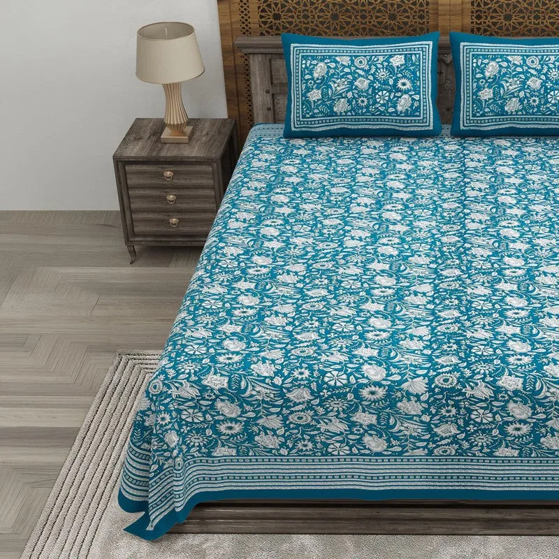 Close view of the teal and white floral bedsheet spread across a bed with matching pillow covers.