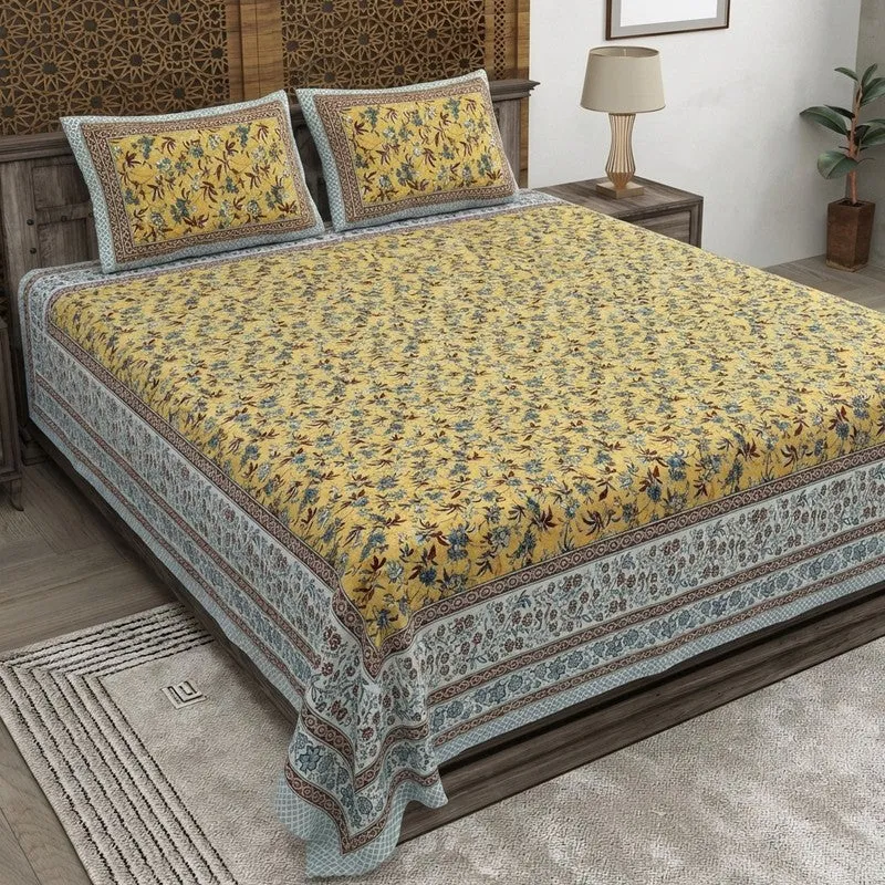 Florava Cotton Bedsheet (Yellow,Blue) - 240 TC media 1