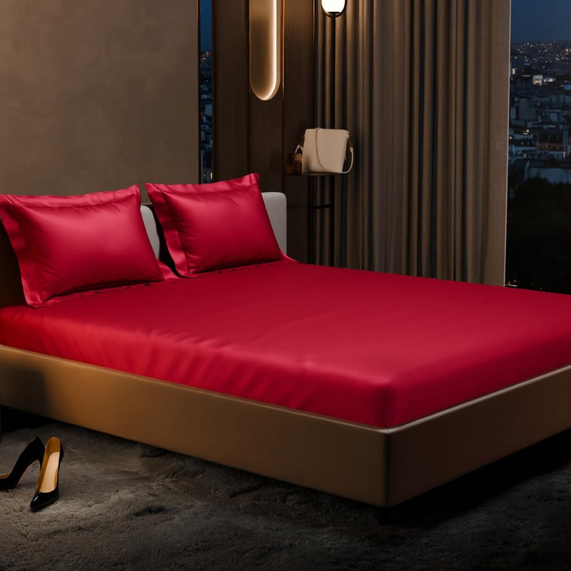 Purelle Satin Fitted Bedsheets (Red) - 150 GSM