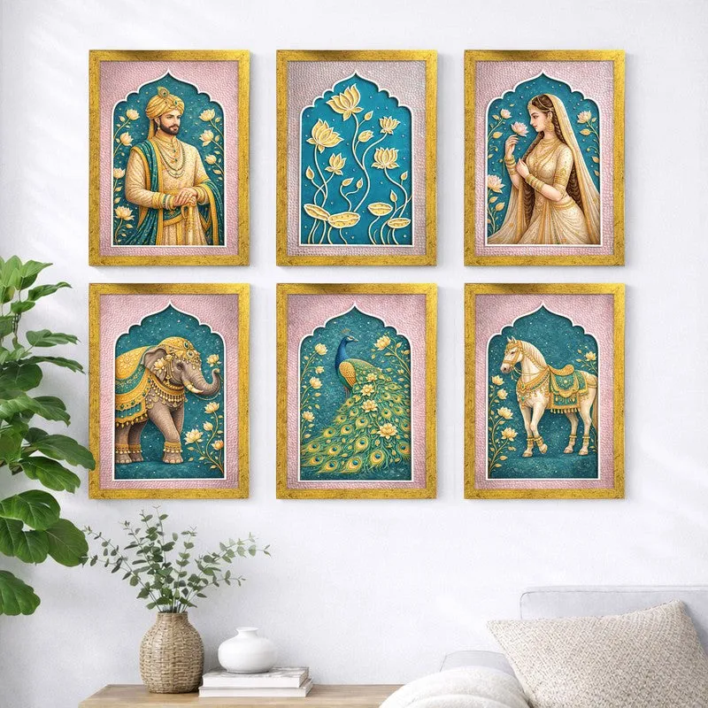 Vintage Valour Paper Wall Paintings With Frame - Set Of Six media 4