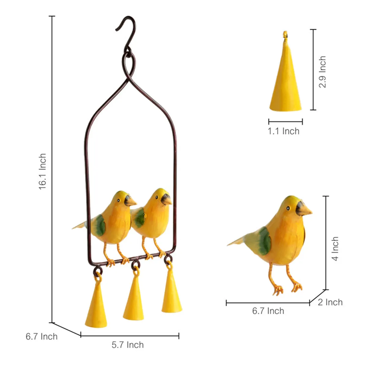 Yellow bird windchime with illustrated size dimensions