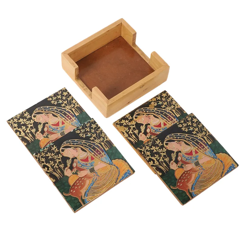 Kalamkari Wooden Costaer with Stand - Five Piece Set media 4