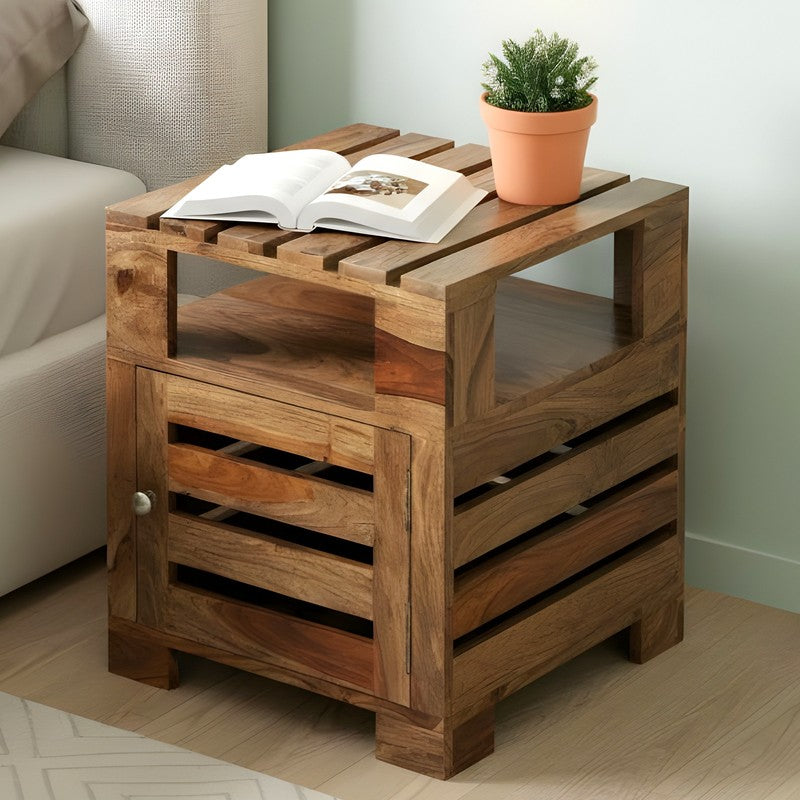 Wverix Sheesham Wooden Side & Bedside Table - Brown,Beige