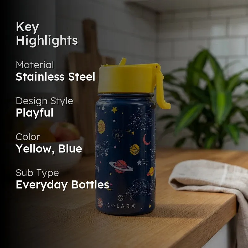 Yellow and blue kids bottle with key highlights graphic overlay