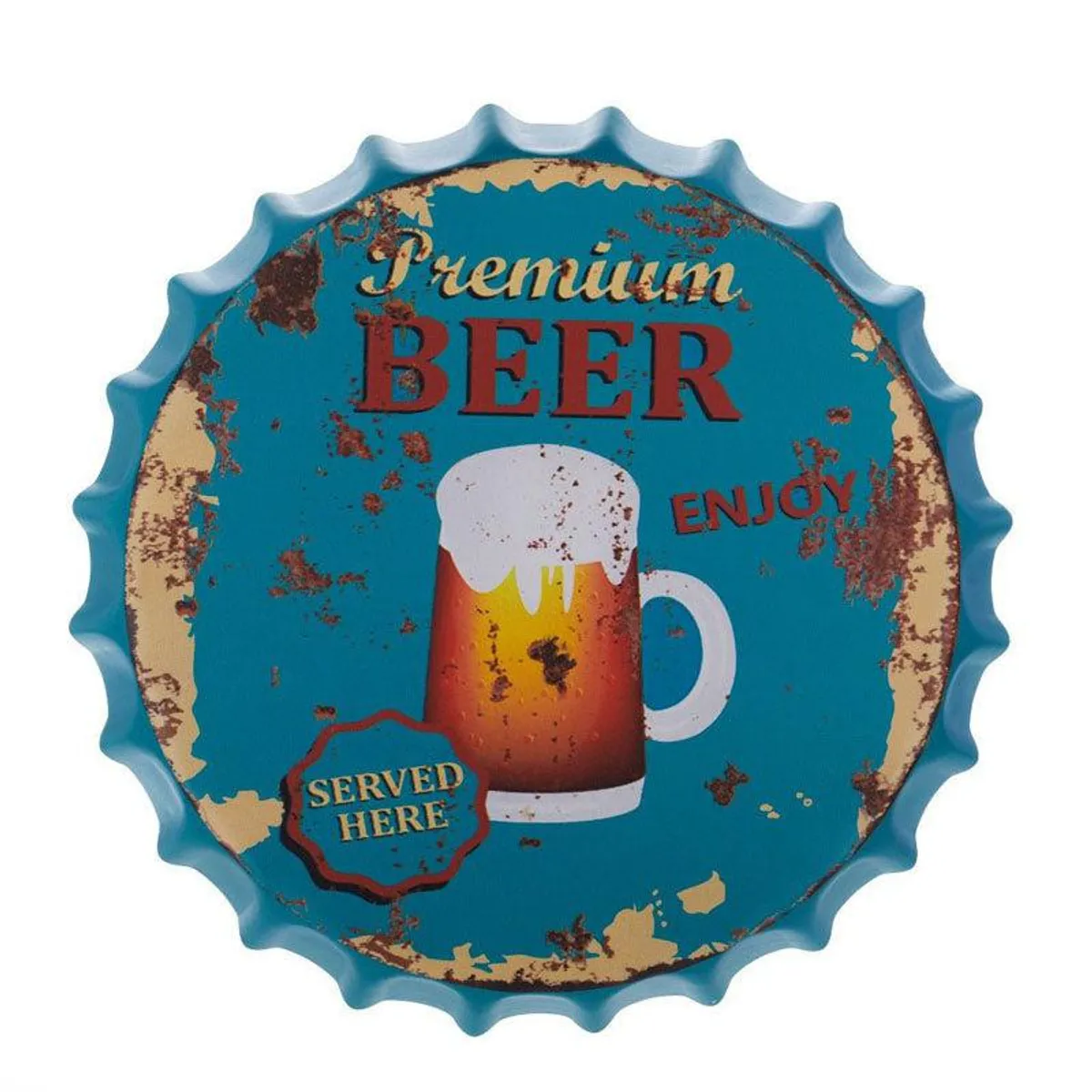 Front view of teal bottle-cap wall accent with beer mug graphic and wavy edge